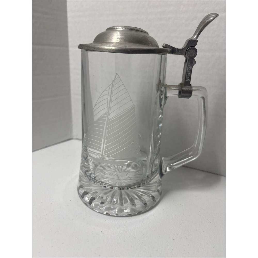 Vintage Glass Beer Stein Pewter Lid Columbia 1901 ALWE W Germany Etched Ship